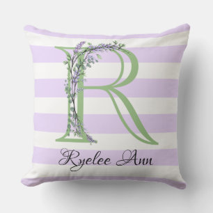 Coussin Lavande clair violet bandes blanches monogramme