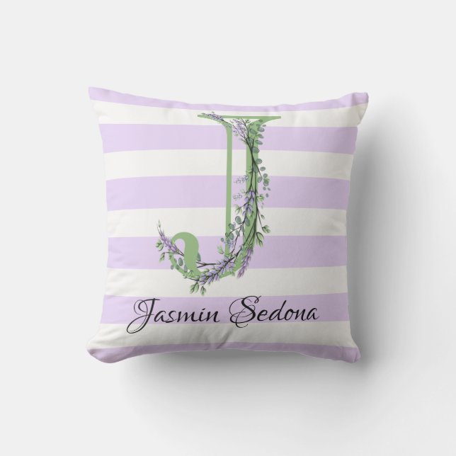 Coussin Lavande clair violet bandes blanches monogramme (Recto)