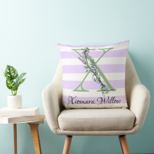 Coussin Lavande clair violet bandes blanches monogramme
