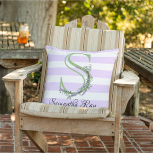 Coussin Lavande clair violet bandes blanches monogramme