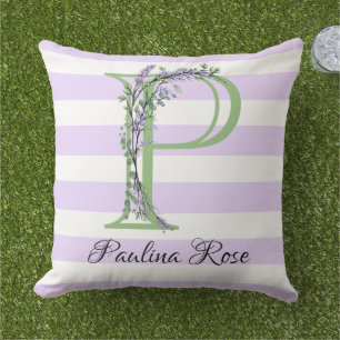 Coussin Lavande clair violet bandes blanches monogramme