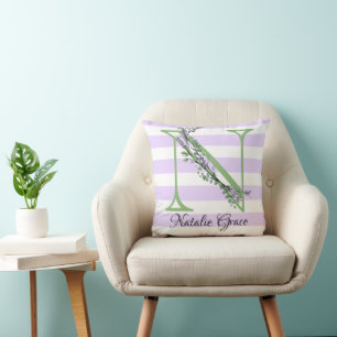 Coussin Lavande clair violet bandes blanches monogramme