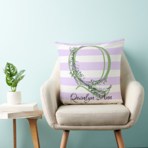Coussin Lavande clair violet bandes blanches monogramme