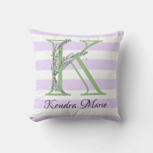 Coussin Lavande clair violet bandes blanches monogramme