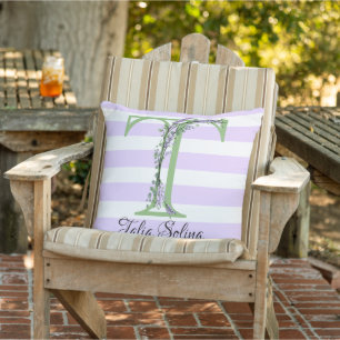 Coussin Lavande clair violet bandes blanches monogramme