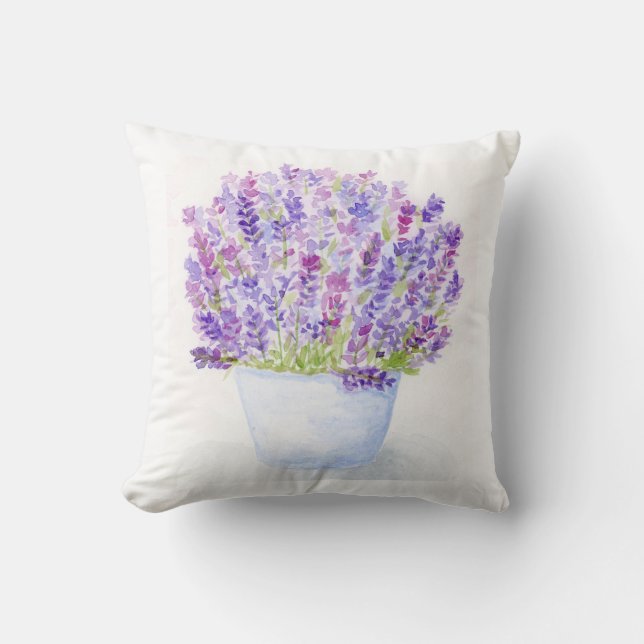 Coussin Lavande florale à l'aquarelle perdue peinte à la m (Recto)