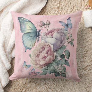 Coussin Lavande rose et pivoines roses et papillon