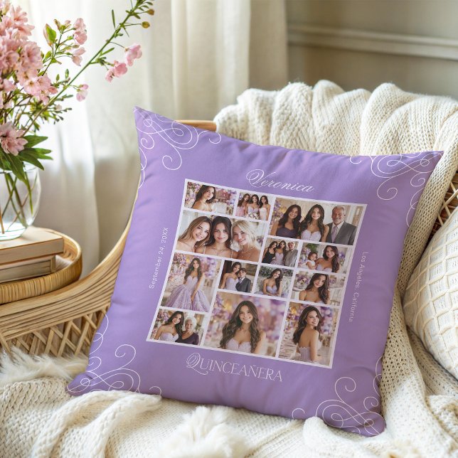 Coussin Lavender Photo Collage Keepsaké Quinceanera (Créateur téléchargé)