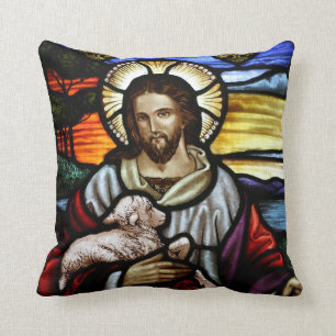 Coussin Le Bon Berger; Jésus sur vitrail