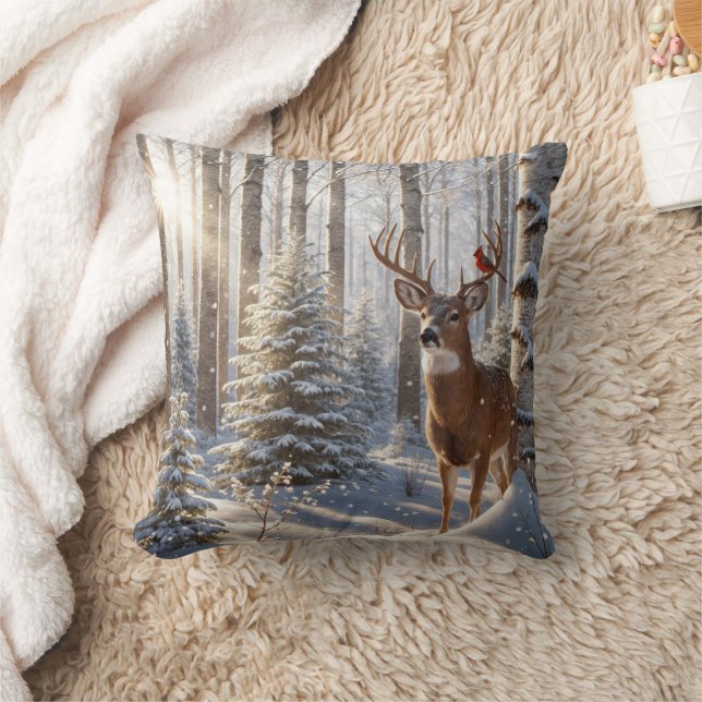 Coussin Le Cardinal Rouge perché sur les Antlers d'un cerf (Couverture)