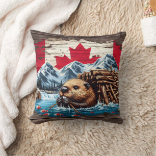Coussin Le castor canadien construit sa loge par l'eau