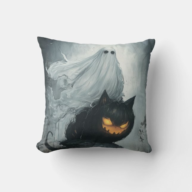 Coussin Le fantôme d'Halloween à cheval sur un chat noir (Recto)