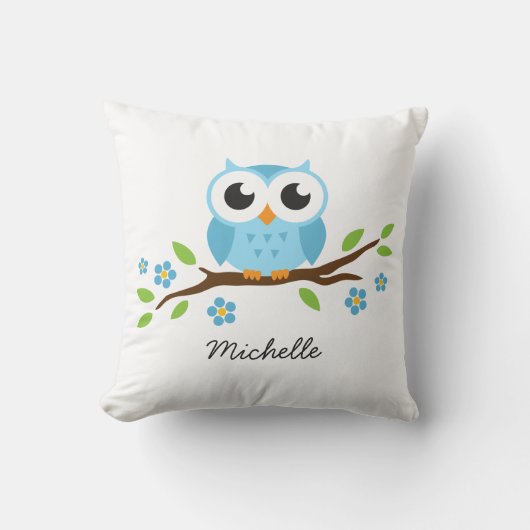 Coussin Le hibou bleu mignon sur la branche florale a (Recto)