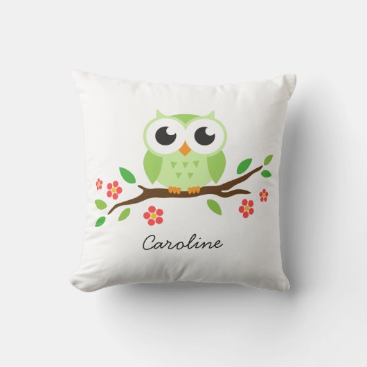 Coussin Le hibou vert mignon sur la branche florale a (Recto)