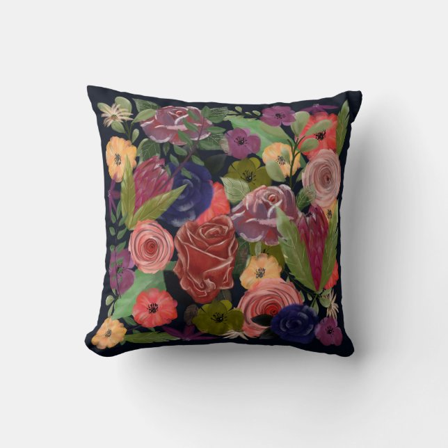 Coussin Le jardin du bouquet de rose fleurs bleu profond (Recto)