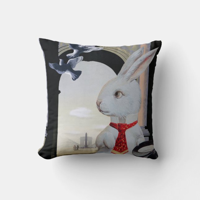 Coussin Le lapin blanc va à Paris - art anthropomorphe (Recto)