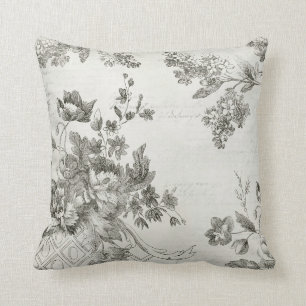 Coussin Le manuscrit floral noir et blanc vintage imprime