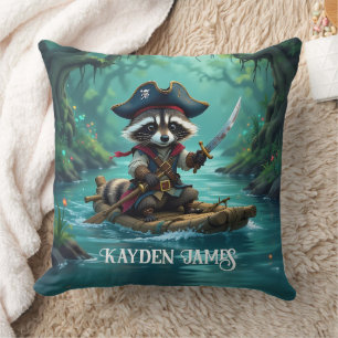 Coussin Le mignon capitaine Raccoon descend en rafting sur
