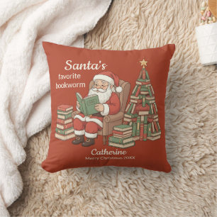 Coussin Le nom et l'année de Noël du ver à livres préféré 