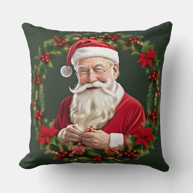 Coussin Le Père Noël dans une couronne de fêtes (Recto)
