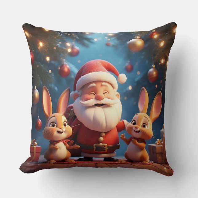 Coussin Le Père Noël et deux lapins joyeux (Recto)
