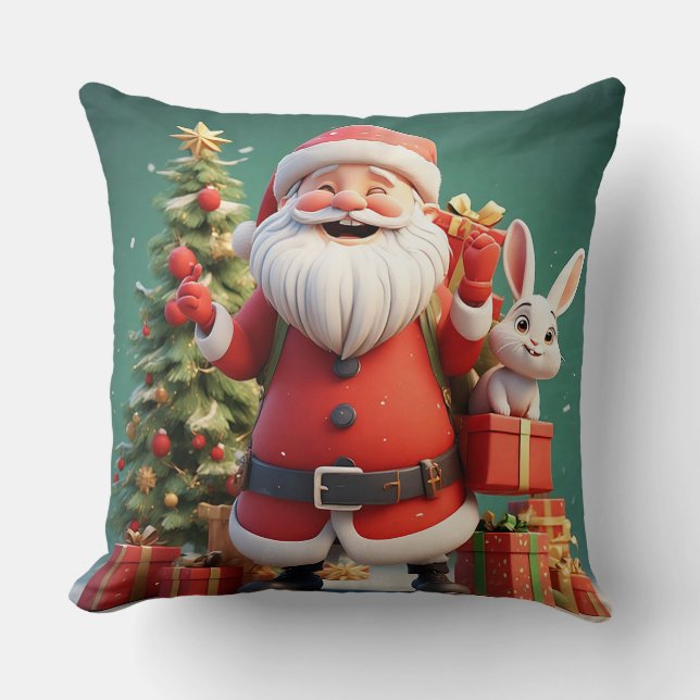Coussin Le Père Noël tient présent avec des lapins (Recto)