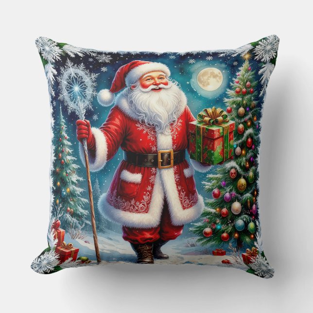 Coussin Le Père Noël tient un cadeau dans un Noël magique (Recto)