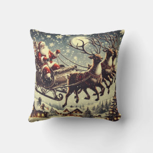 Coussin Le Père Noël vintage et le renne décor de Noël