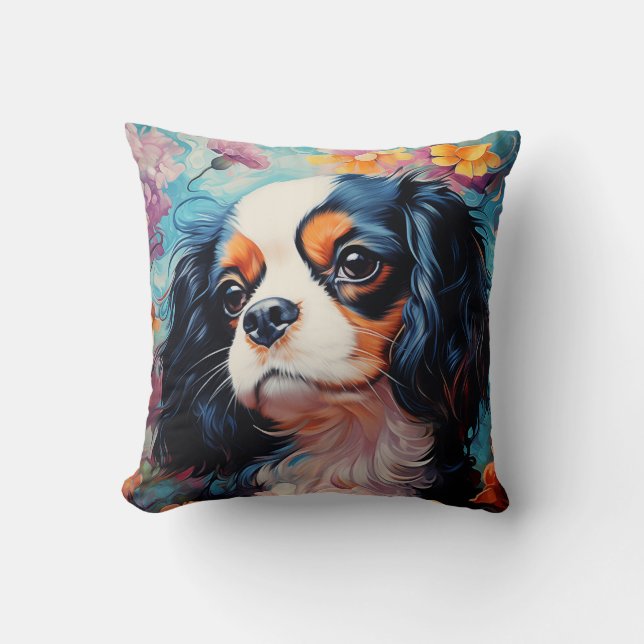 Coussin Le roi Cavalier Charles Spaniel en fleurs (Recto)