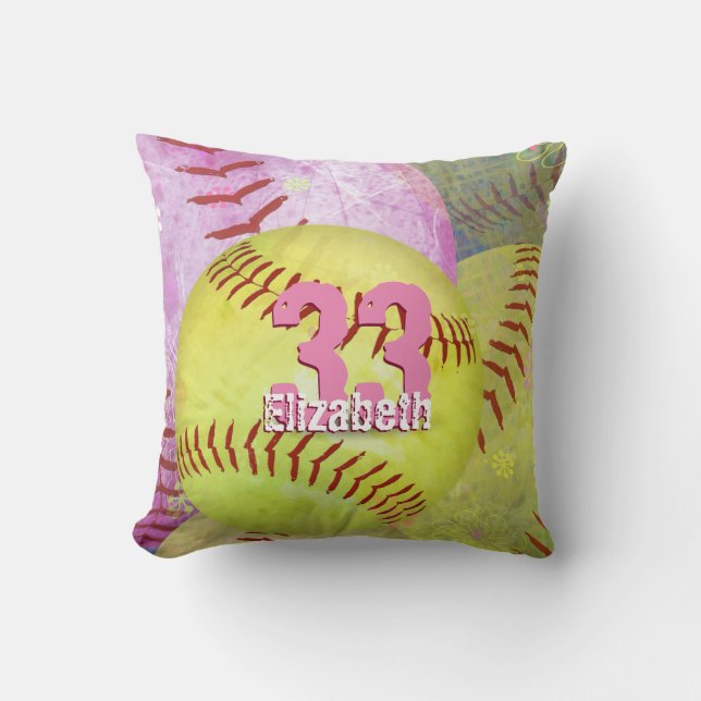 Coussin Le softball des filles jaune et rose vif (Recto)