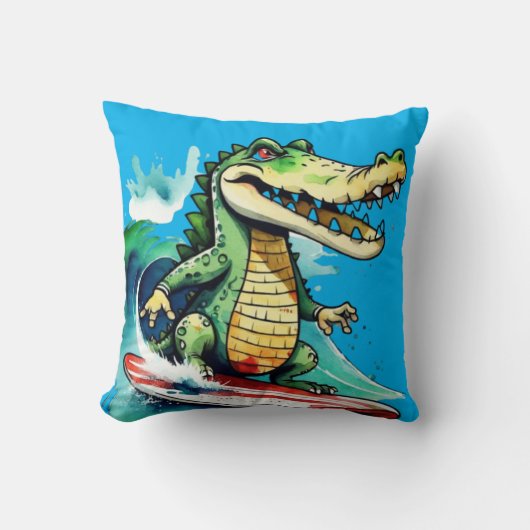 Coussin Le surf de crocodile drôle (Recto)