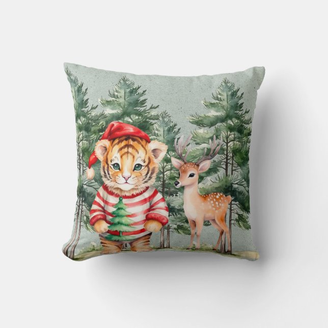 Coussin Le tigre de père Noël et le sapin des cerfs Noël (Recto)