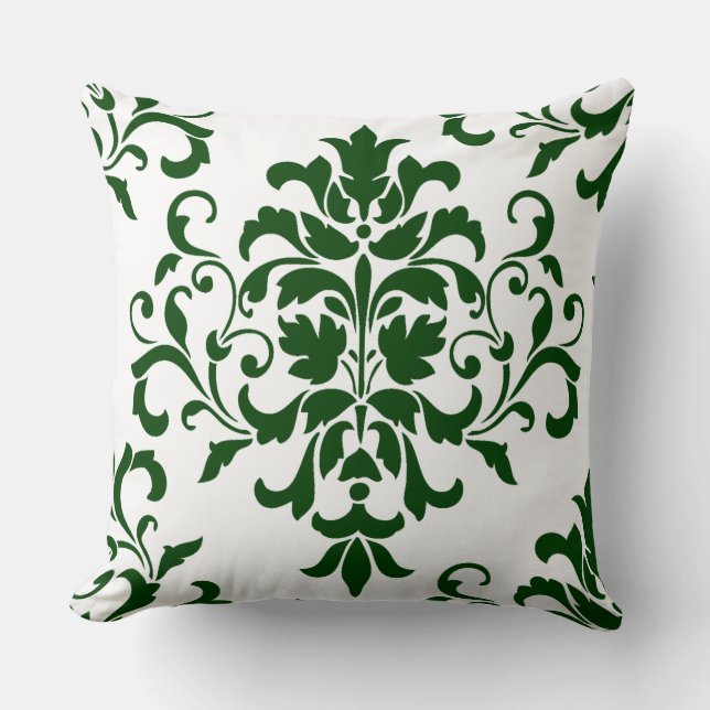 Coussin Le vert est là. Élégant Damas Floral Vert Sur blan (Recto)
