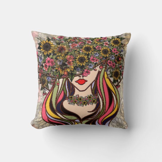 Coussin Le visage de la femme, avec des fleurs et des papi (Recto)