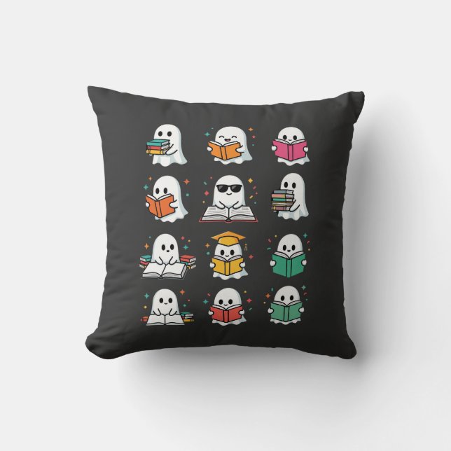 Coussin Lecture de livre Halloween Fantômes Bibliothèque K (Recto)