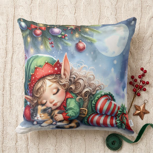 Coussin L'elfe de Noël endormi avec un chaton calicot