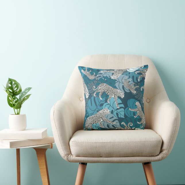 Coussin Léopard de la jungle sarcelle et feuilles tropical (Chaise)