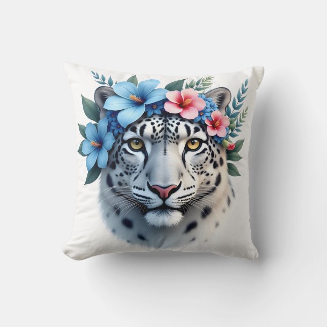 Coussin Léopard des neiges avec jeté de couronne florale b (Recto)