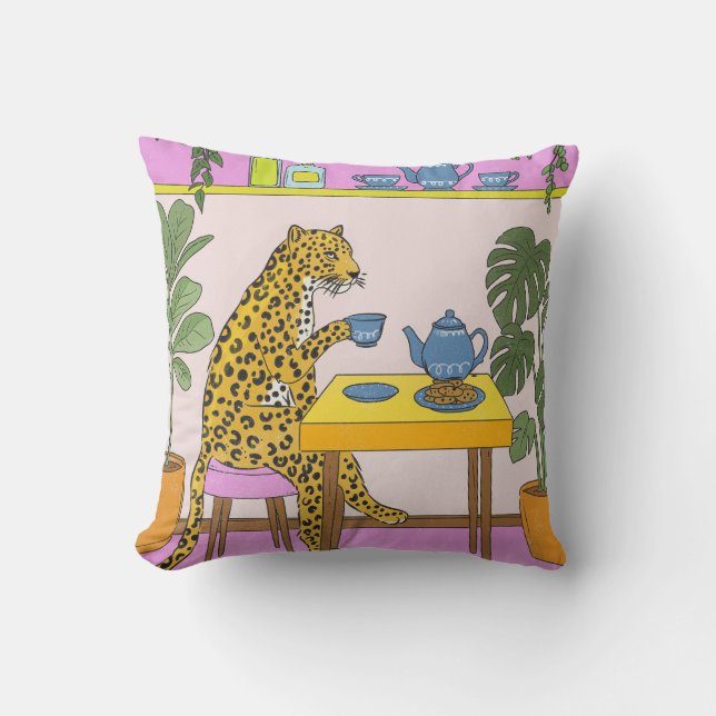 Coussin Léopard prenant le thé (Recto)