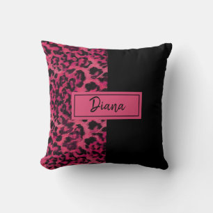Coussin Léopard projeté rose et noir brillant
