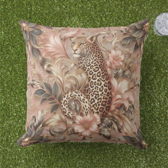 Coussin Léopard rose et marron de la jungle  (Herbe)