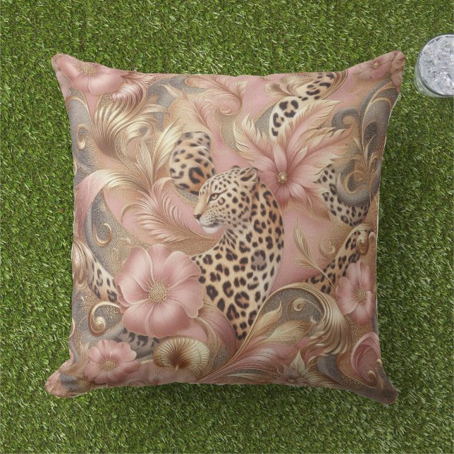 Coussin Léopard rose et marron de la jungle  (Herbe)