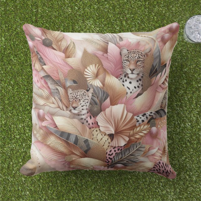 Coussin Léopard rose et marron de la jungle  (Herbe)