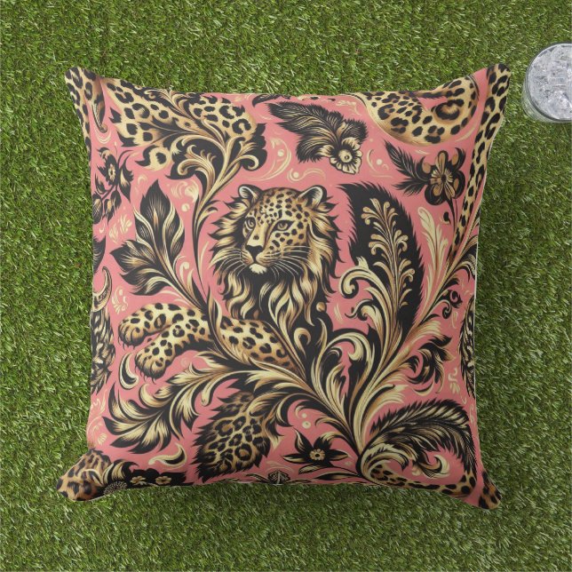 Coussin Léopard rose et noir de la jungle  (Herbe)