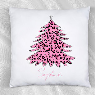 Coussin Leopard rose Motif sapin de Noël Nom personnalisé
