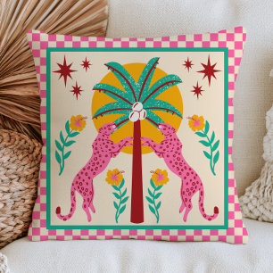 Coussin Léopards d'art populaire avec damier arbre palmier