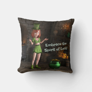 Coussin Leprechaun Toon Girl à côté du pot d'or