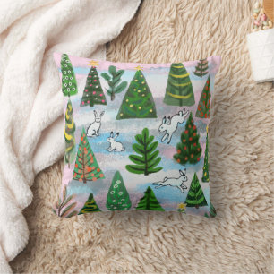 Coussin Les arbres de Noël et les lièvres à neige jettent