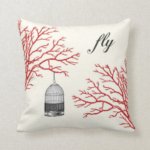 Coussin Les branches rouges de cage à oiseaux vintage