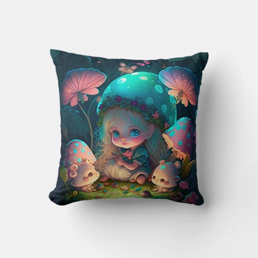 Coussin Les elfs de champignons dans le champ jettent l'or (Recto)